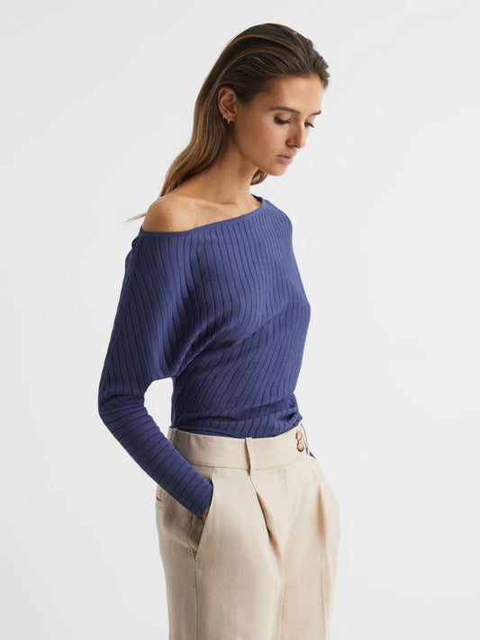 Reiss Knitwear | Sage Off-The-Shoulder Sheer Detail Jumper Navy - Women
