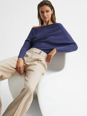 Reiss Knitwear | Sage Off-The-Shoulder Sheer Detail Jumper Navy - Women