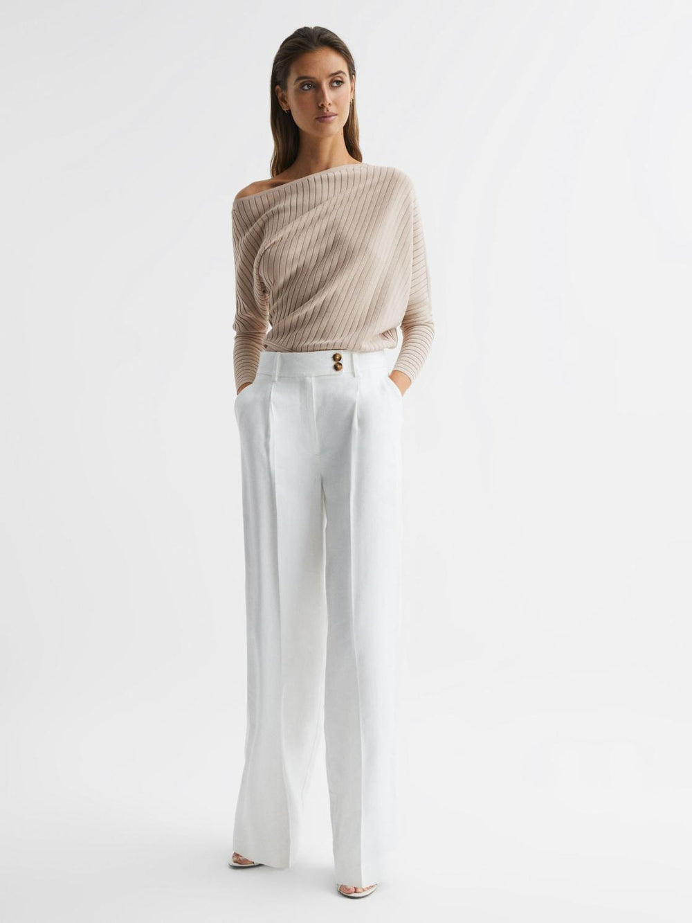 Reiss Knitwear | Sage Off-The-Shoulder Sheer Detail Jumper Neutral - Women