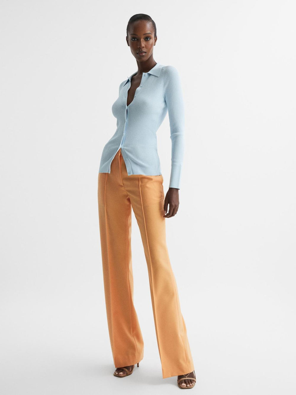 Reiss Knitwear | Sandy Ribbed Button Through Shirt Light Blue - Women