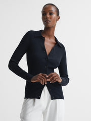 Reiss Knitwear | Sandy Ribbed Button Through Shirt Navy - Women