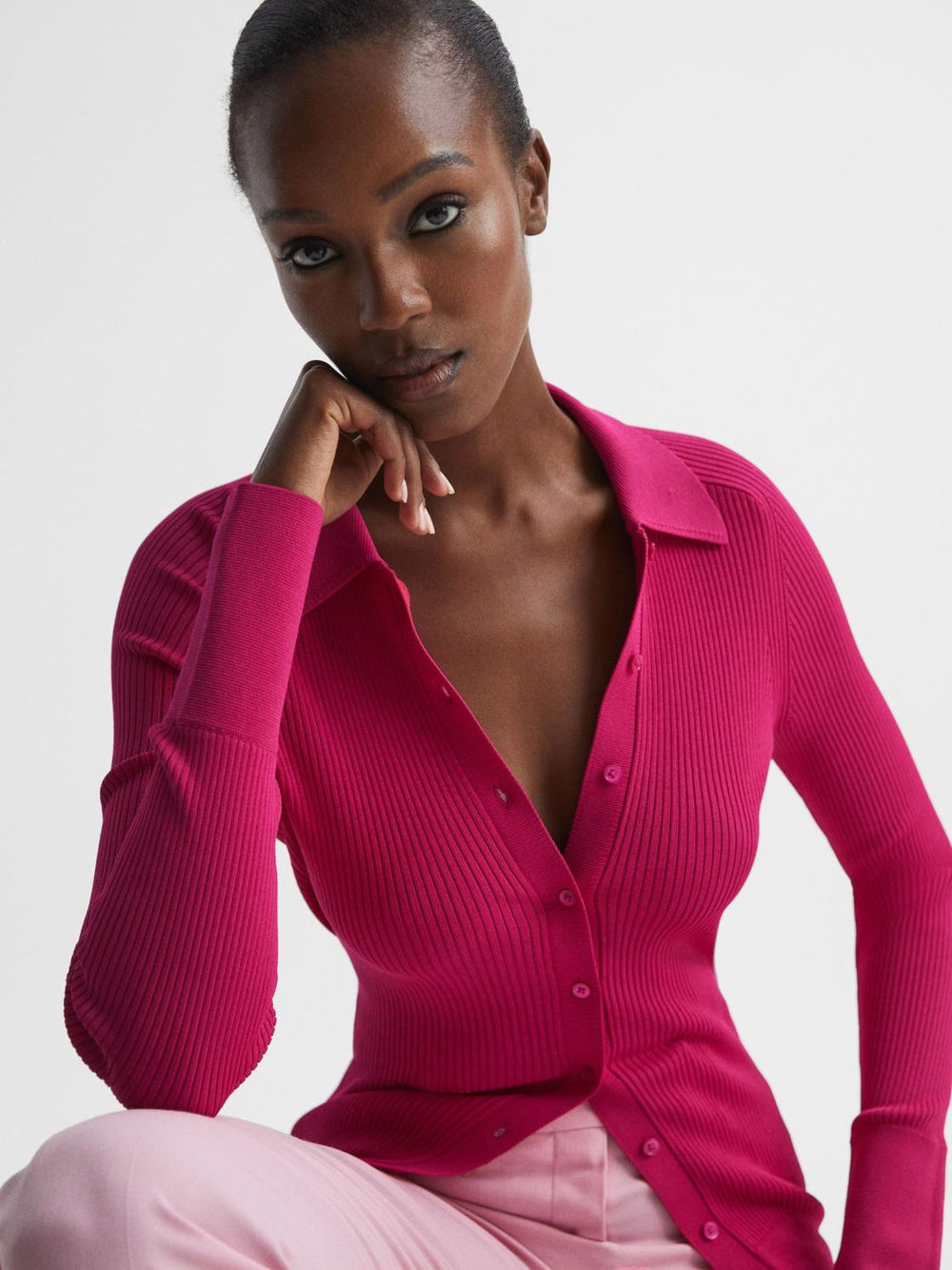 Reiss Knitwear | Sandy Ribbed Button Through Shirt Pink - Women