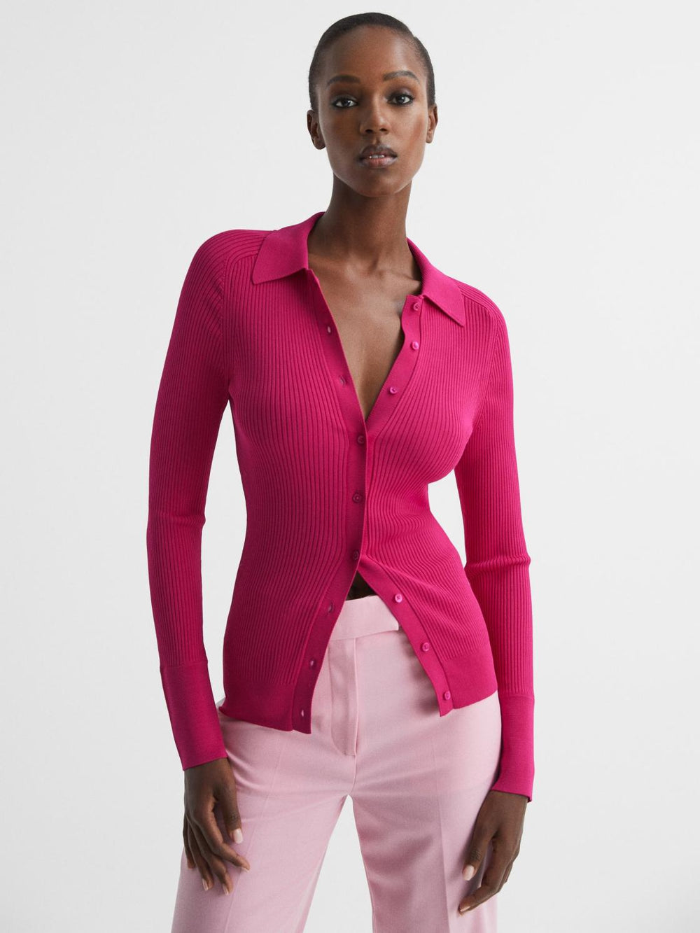 Reiss Knitwear | Sandy Ribbed Button Through Shirt Pink - Women