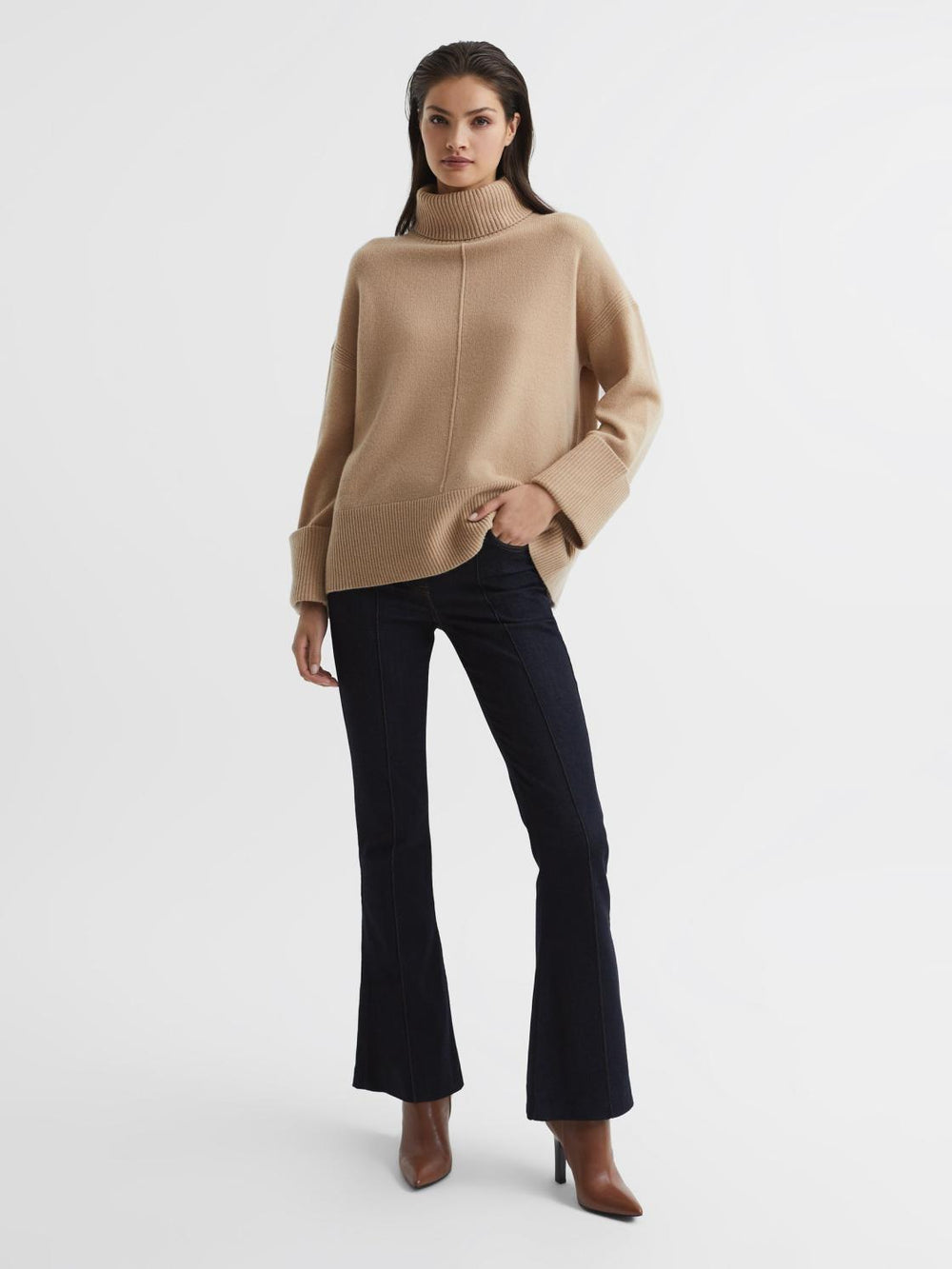 Reiss Knitwear | Sarah Cashmere Blend Roll Neck Jumper Camel - Women