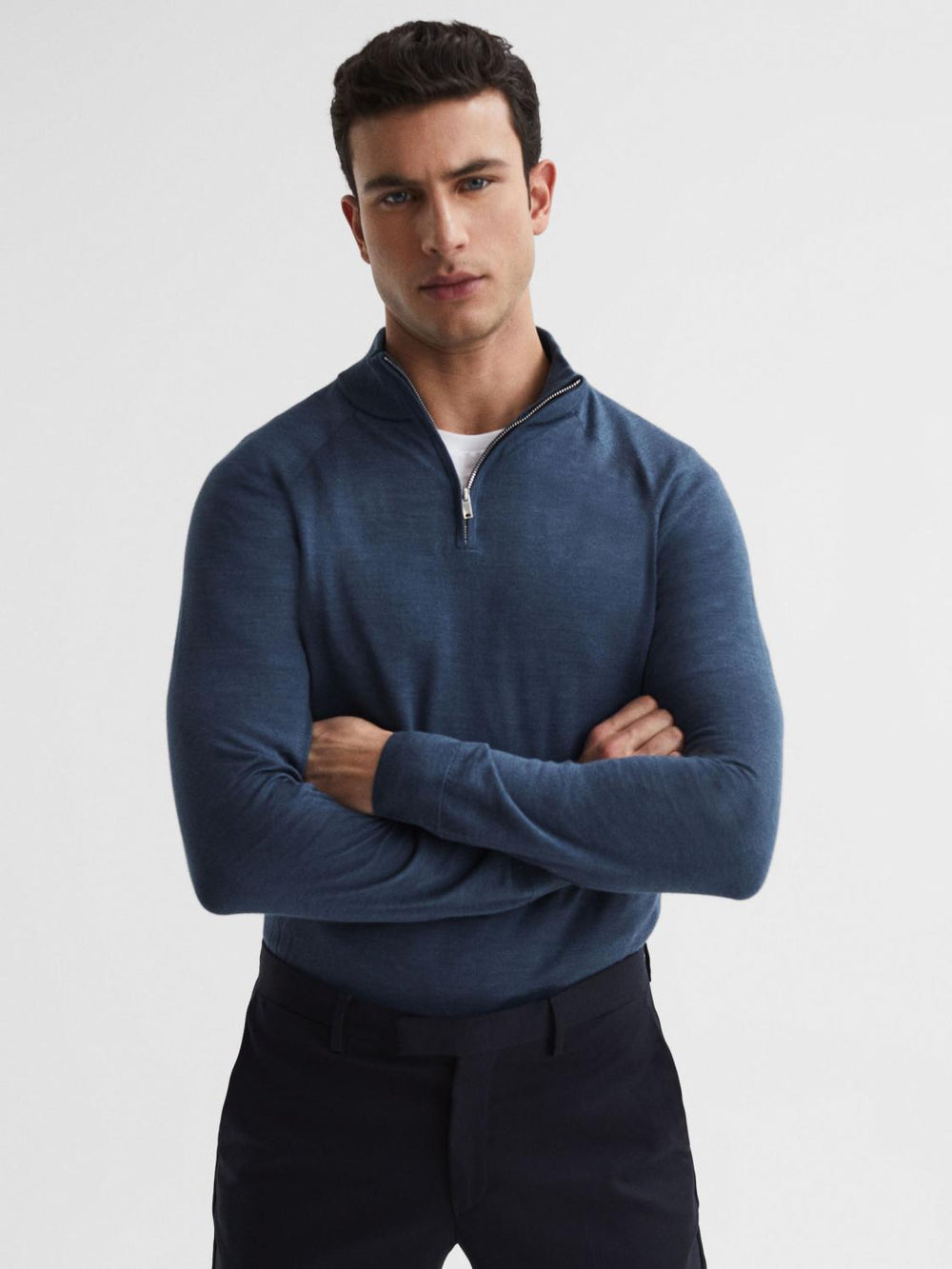 Reiss Knitwear | Sierra Merino Silk Slim Fit Zip Neck Jumper Airforce Blue - Men