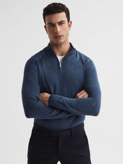 Reiss Knitwear | Sierra Merino Silk Slim Fit Zip Neck Jumper Airforce Blue - Men