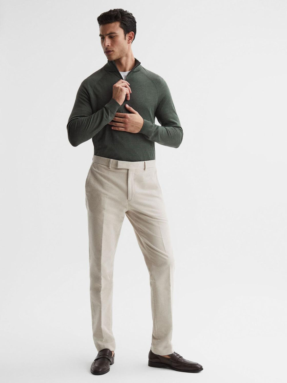 Reiss Knitwear | Sierra Merino Silk Slim Fit Zip Neck Jumper Sage - Men