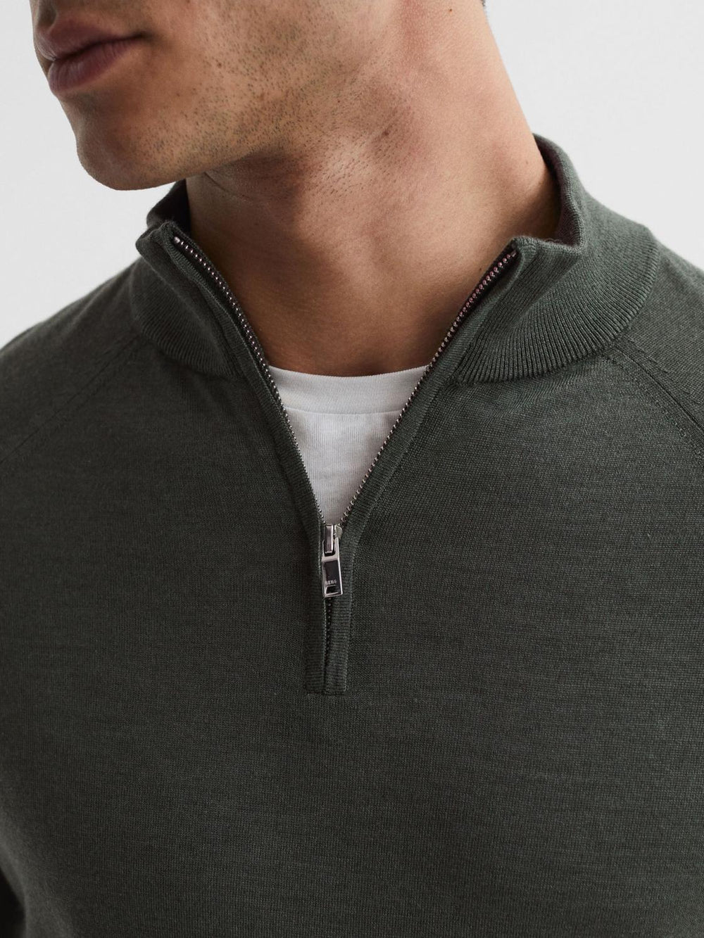 Reiss Knitwear | Sierra Merino Silk Slim Fit Zip Neck Jumper Sage - Men