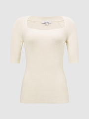 Reiss Knitwear | Tina Square Neck Ribbed Top Cream - Women