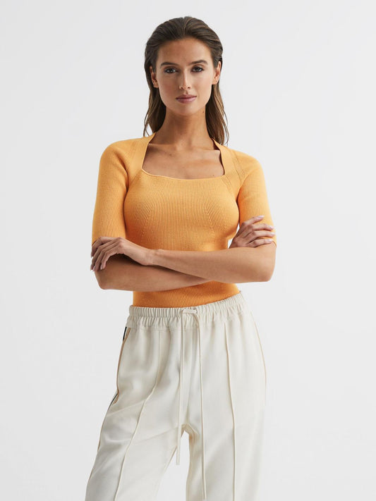 Reiss Knitwear | Tina Square Neck Ribbed Top Orange - Women