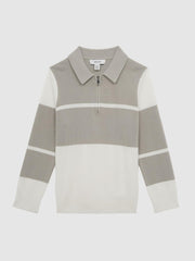Reiss Knitwear | Tokyo Slim Fit Colourblock Half Zip Shirt Soft Grey/white - Children
