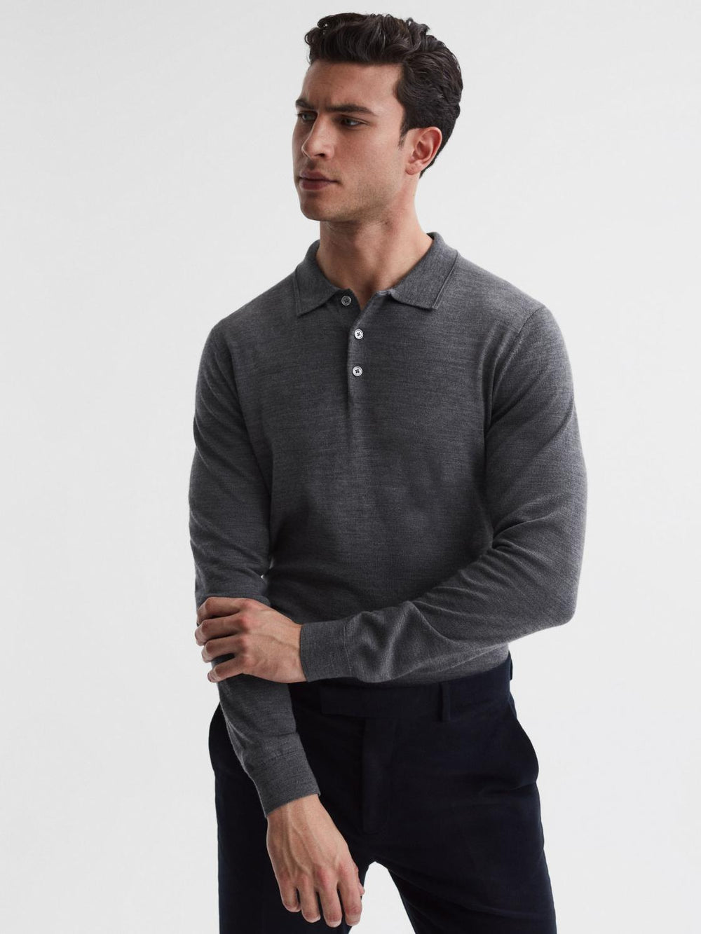 Reiss Knitwear | Trafford Merino Wool Polo Shirt Mid Grey Melange - Men