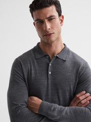 Reiss Knitwear | Trafford Merino Wool Polo Shirt Mid Grey Melange - Men