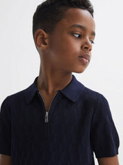 Reiss Knitwear | Ubud Half-Zip Textured Polo T-Shirt Green - Children