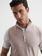 Reiss Knitwear | Wedge Golf Merino Sleeveless Half-Zip Jumper Stone Melange - Men