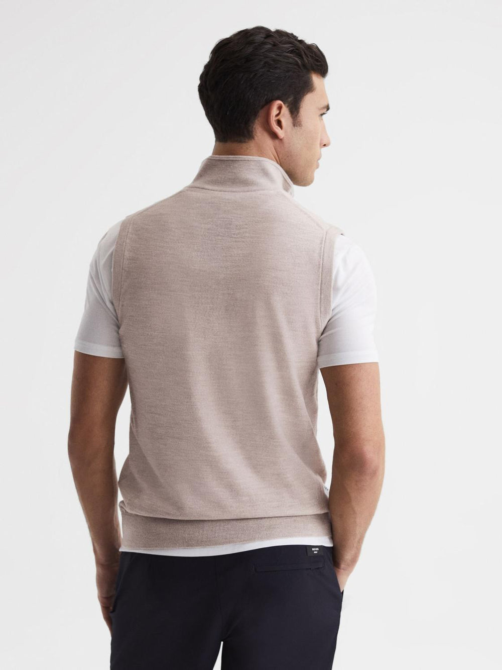 Reiss Knitwear | Wedge Golf Merino Sleeveless Half-Zip Jumper Stone Melange - Men