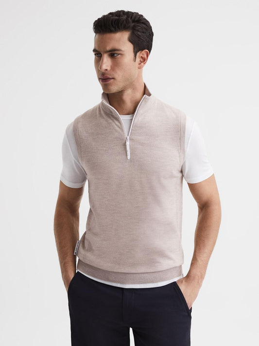Reiss Knitwear | Wedge Golf Merino Sleeveless Half-Zip Jumper Stone Melange - Men