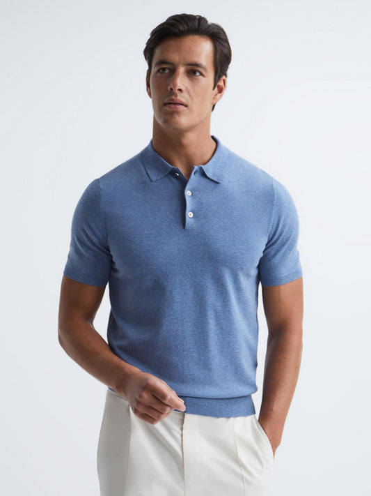 Reiss Knitwear | Wilton Slim Fit Knitted Polo Shirt Denim Melange - Men