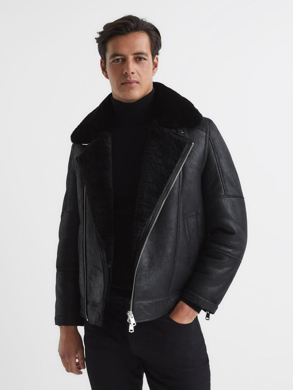 Reiss Leather Jackets | Aka Sherpa Suede Jacket Black - Men