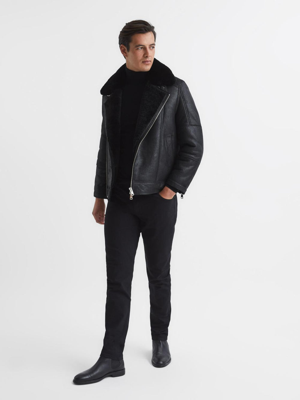 Reiss Leather Jackets | Aka Sherpa Suede Jacket Black - Men