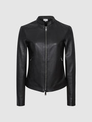 Reiss Leather Jackets | Allie Leather Collarless Biker Jacket Black - Women