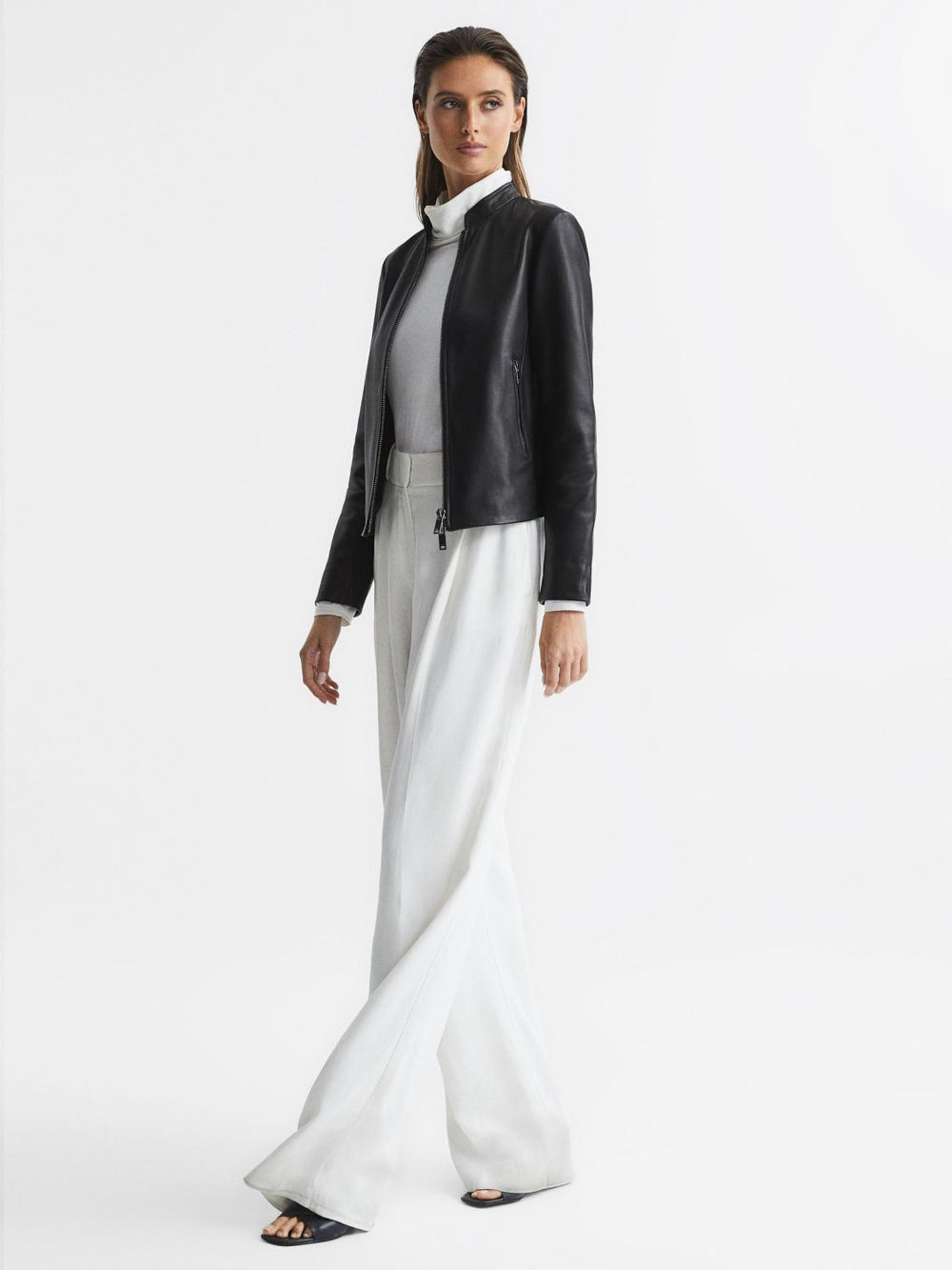 Reiss Leather Jackets | Allie Leather Collarless Biker Jacket Black - Women