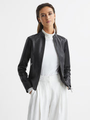 Reiss Leather Jackets | Allie Leather Collarless Biker Jacket Black - Women