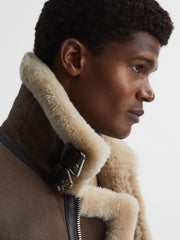 Reiss Leather Jackets | Hardy Shearling Double Buckle Jacket Brown - Men