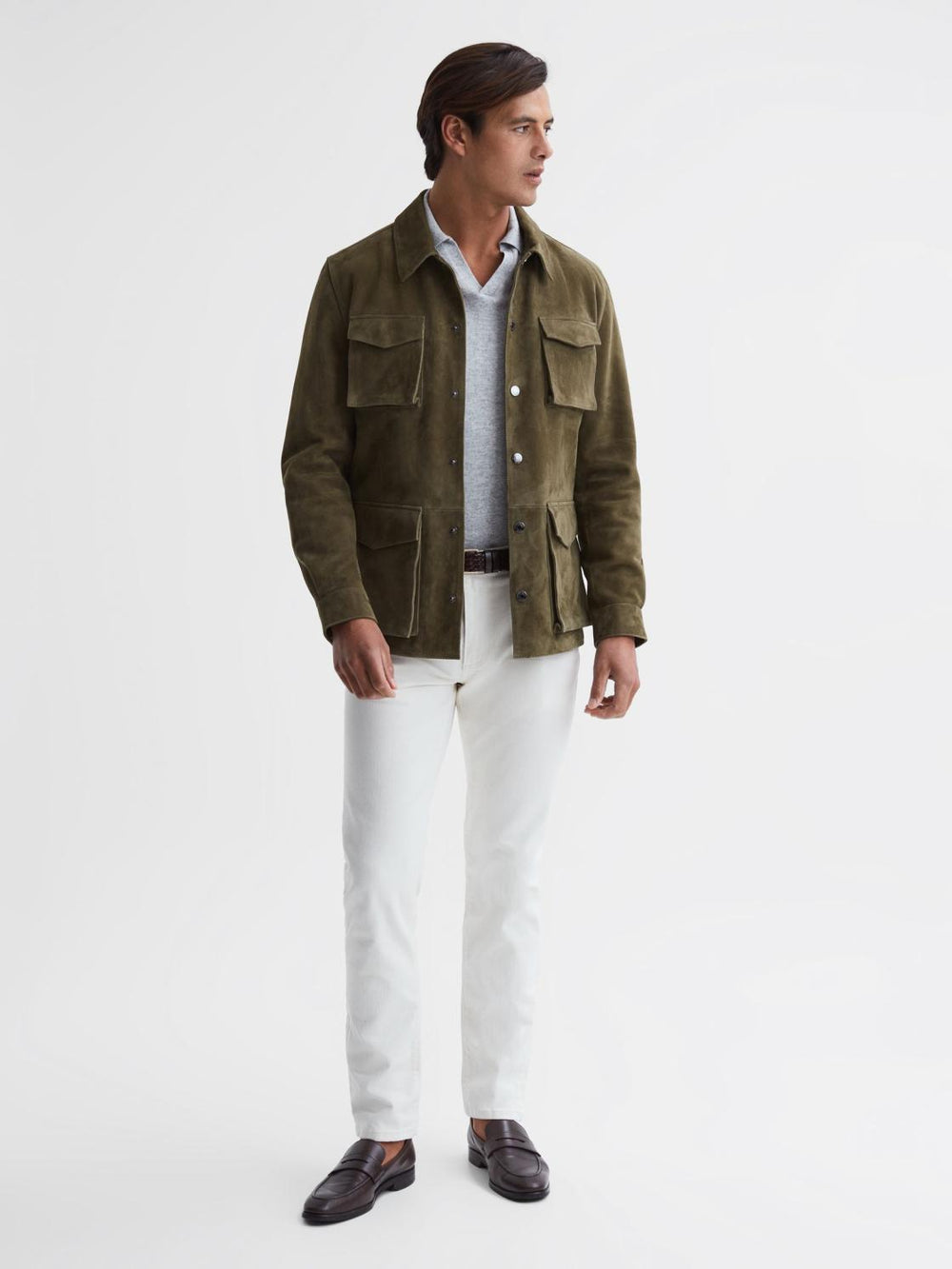 Reiss Leather Jackets | Mays Suede Long Sleeve Four Pocket Jacket Sage - Men