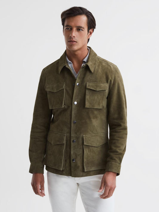 Reiss Leather Jackets | Mays Suede Long Sleeve Four Pocket Jacket Sage - Men