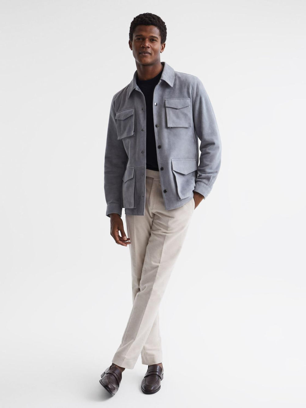 Reiss Leather Jackets | Mays Suede Long Sleeve Four Pocket Jacket Steel Blue - Men