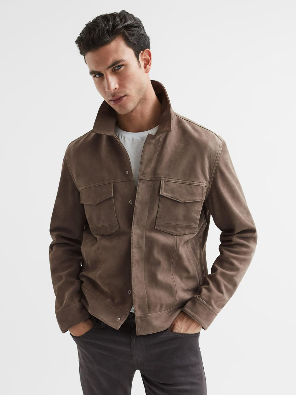 Reiss Leather Jackets | Pedro Paige Suede Long Sleeve Twin Pocket Jacket Espresso Bean - Men