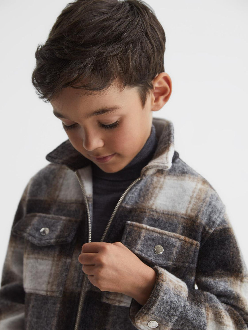 Reiss Overshirts | Angelo Checked Zip Up Overshirt Charcoal - Children