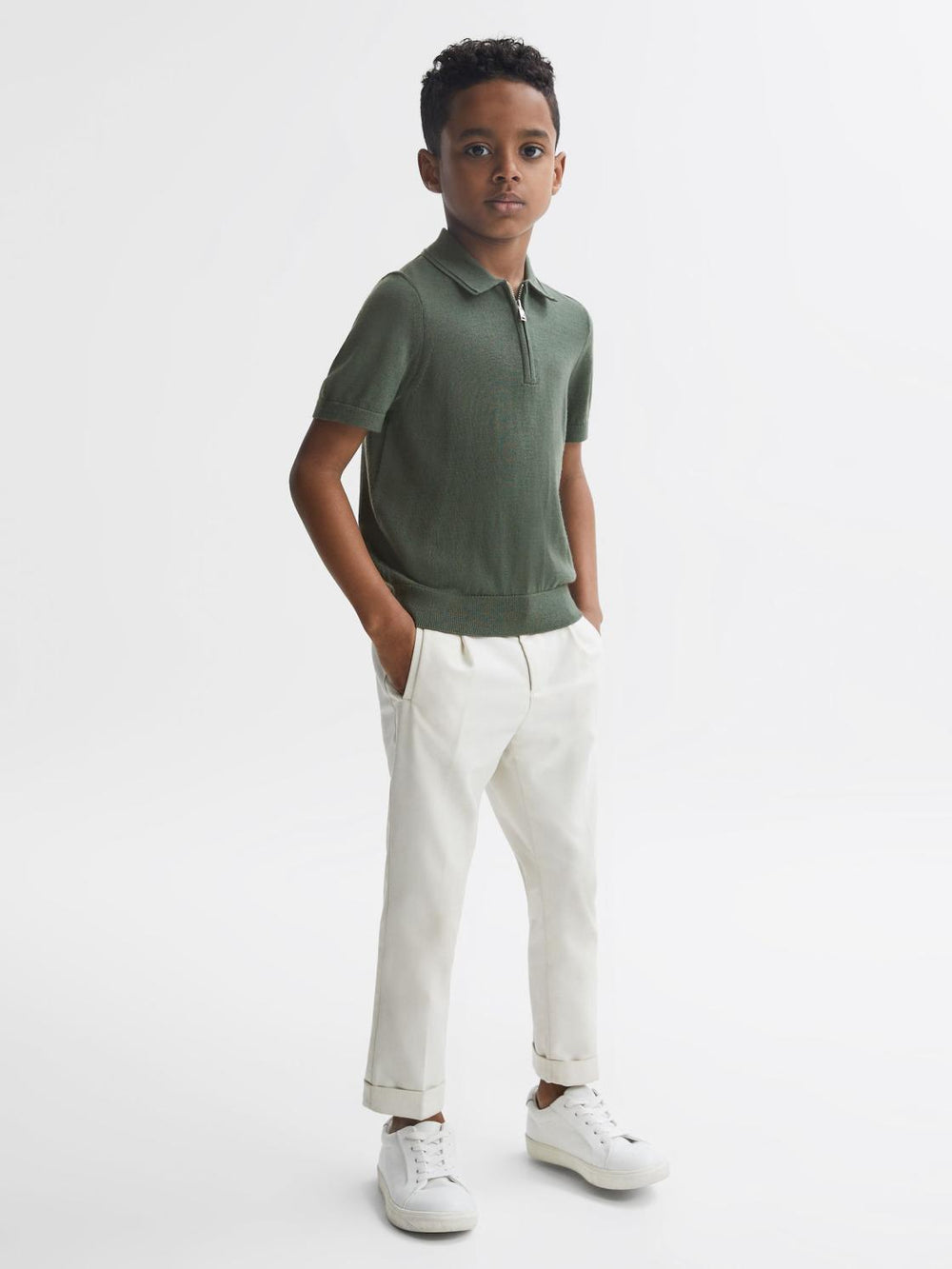 Reiss Polo Shirts | Maxwell Merino Zip Neck Polo T-Shirt Ivy Green - Children