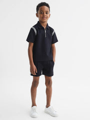 Reiss Polo Shirts | Monarch Half Zip Stripe Detail Polo Shirt Navy - Children
