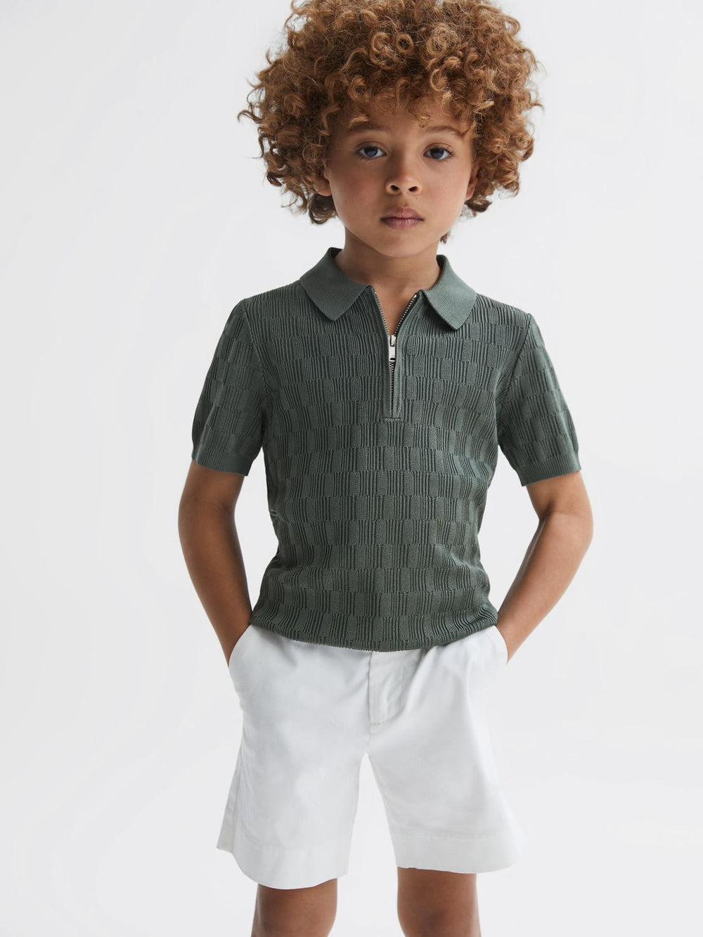 Reiss Polo Shirts | Ubud Half-Zip Textured Polo T-Shirt Green - Children