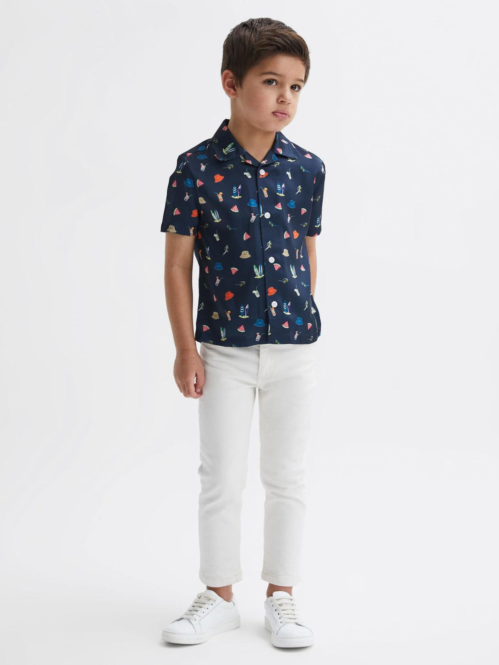 Reiss Shirts | Archer Beach Print Cuban Collar Shirt Navy - Children