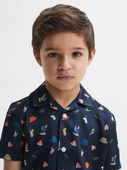 Reiss Shirts | Archer Beach Print Cuban Collar Shirt Navy - Children