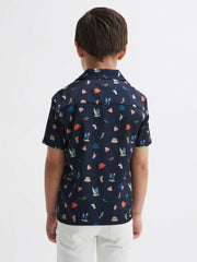 Reiss Shirts | Archer Beach Print Cuban Collar Shirt Navy - Children