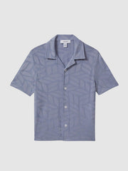 Reiss Shirts | Basswood Printed Cuban Collar Button Through T-Shirt Blue - Children