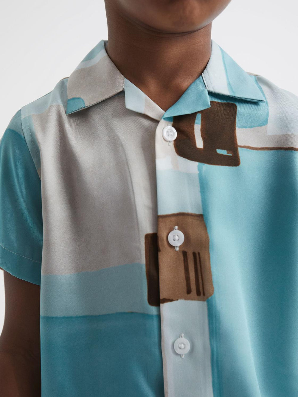 Reiss Shirts | Deekay Slim Fit Cuban Collar Abstract Print Shirt Teal - Children