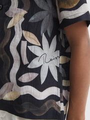 Reiss Shirts | Delphi Linen Floral Cuban Collar Shirt Black - Children
