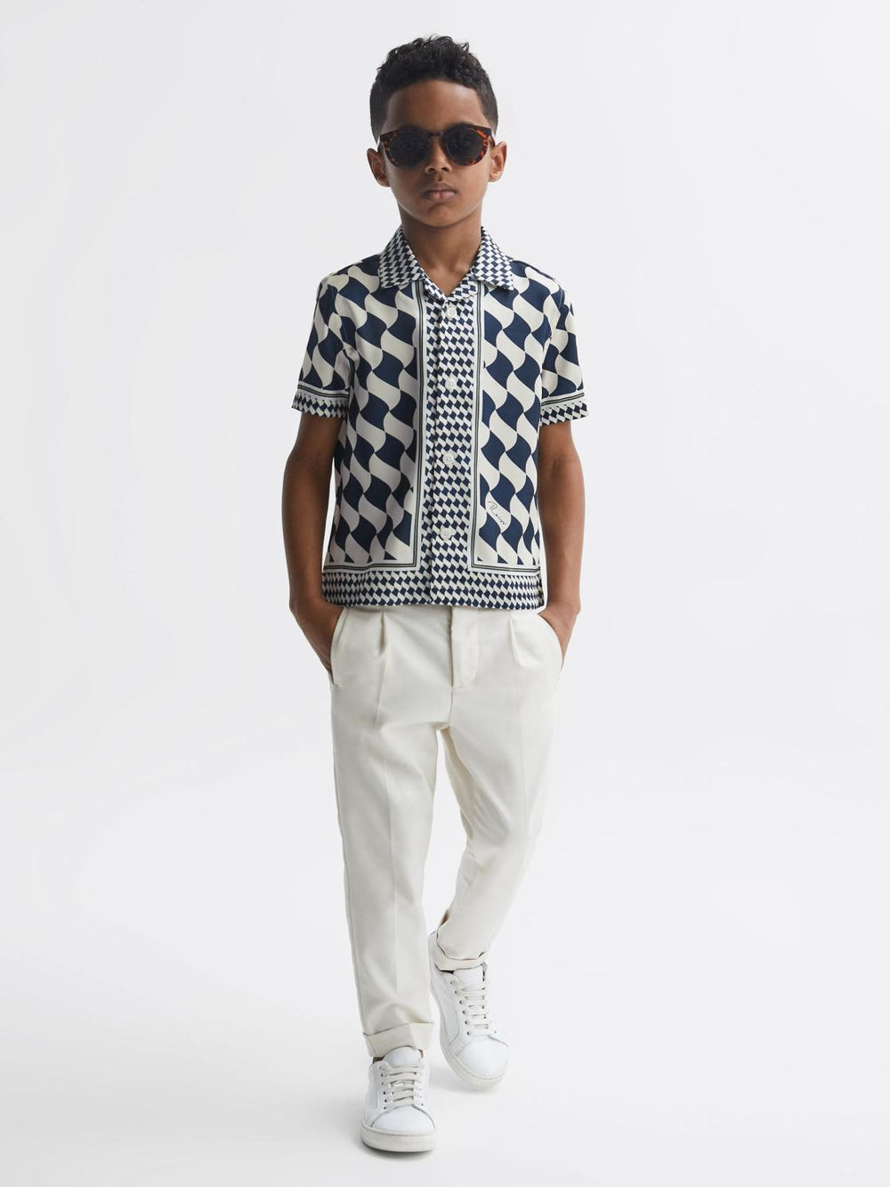 Reiss Shirts | Devaroe Cuban Collar Short Sleeve Shirt Navy/ivory - Children