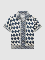 Reiss Shirts | Devaroe Cuban Collar Short Sleeve Shirt Navy/ivory - Children
