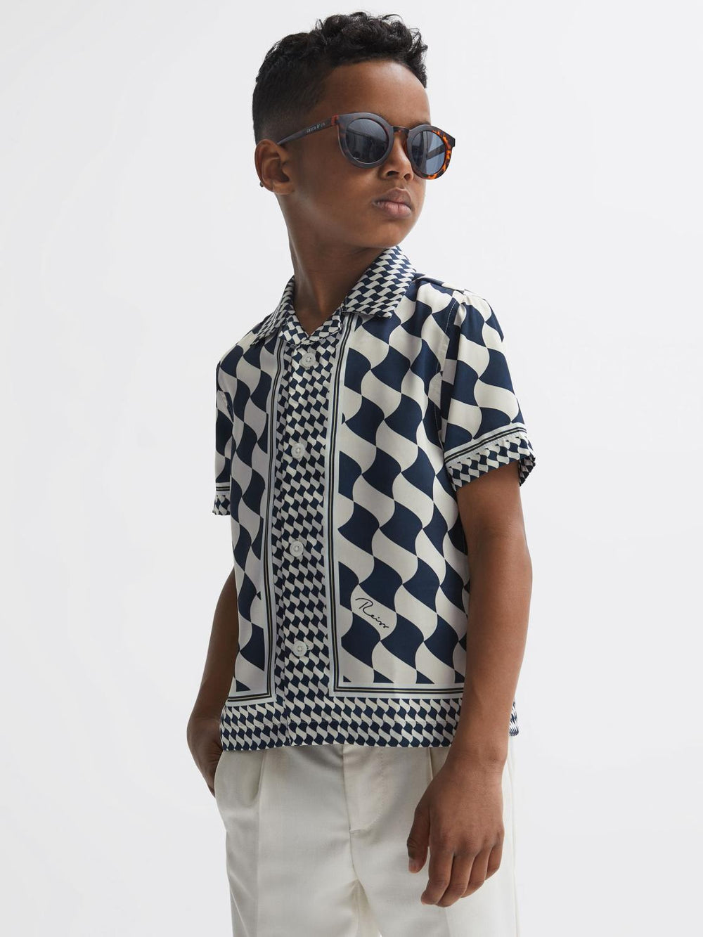 Reiss Shirts | Devaroe Cuban Collar Short Sleeve Shirt Navy/ivory - Children