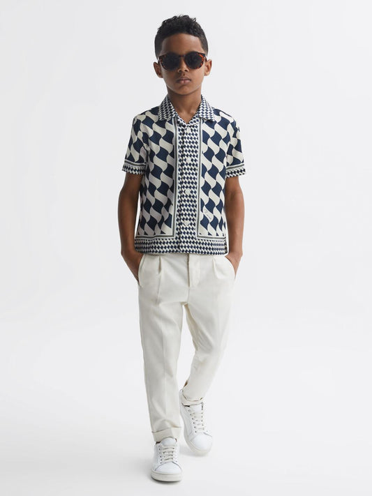 Reiss Shirts | Devaroe Cuban Collar Short Sleeve Shirt Navy/ivory - Children