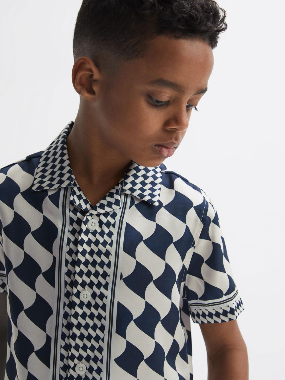 Reiss Shirts | Devaroe Cuban Collar Short Sleeve Shirt Navy/ivory - Children
