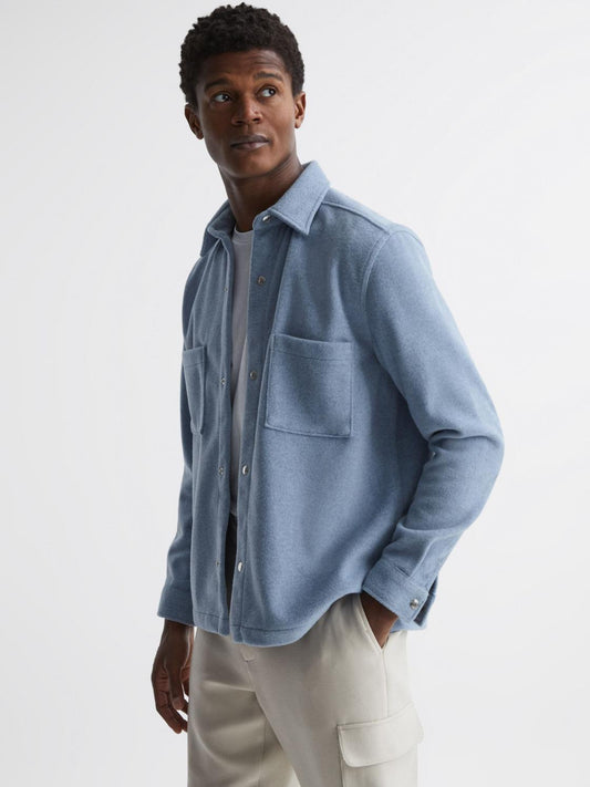 Reiss Shirts | Loke Long Sleeve Press Stud Brushed Overshirt Blue - Men