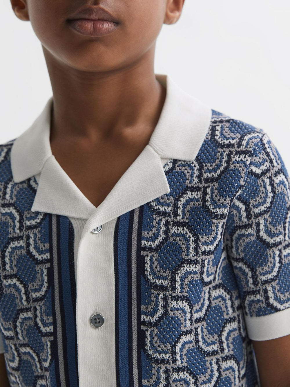 Reiss Shirts | Lotus Knitted Cuban Collar Shirt Blue Print - Children