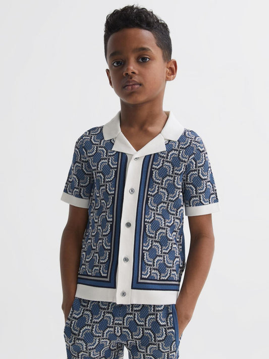 Reiss Shirts | Lotus Knitted Cuban Collar Shirt Blue Print - Children